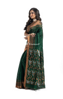 Bottle Green Handspun Matka Silk Saree With Copper Zari Weaving Border And On The Pallu Section Has Copper And Silver Zari Weaving Work (KR2212)